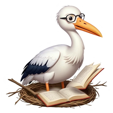 A stork wearing tiny glasses, sitting on a nest, holding an open book with its beak, surrounded by a few scattered feathers and a cozy, warm atmosphere. sticker