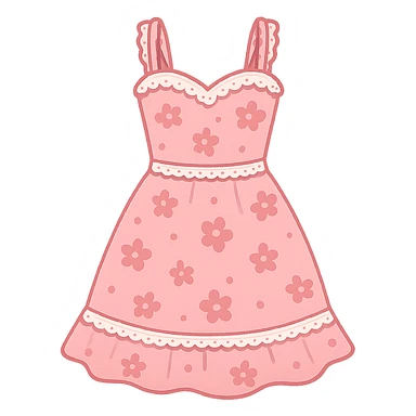 frilly lacey floral pink summer sundress, flat vector sticker