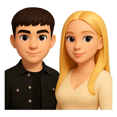 Slightly increase the volume of the upper body of the girl, separate the girl and the boy from each other, make the skin color the same for both characters. Maintain the cartoonish 3D style as in the reference image. Keep the background transparent. sticker