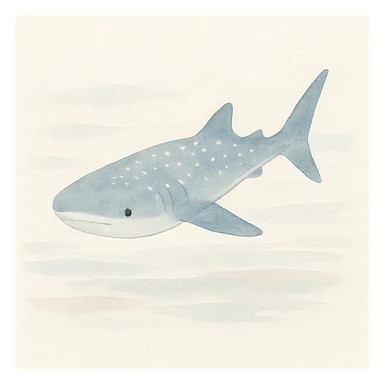 watercolor illustration of a whale shark, soft blue and gray tones, gentle expression, ocean background, artistic brushstrokes sticker