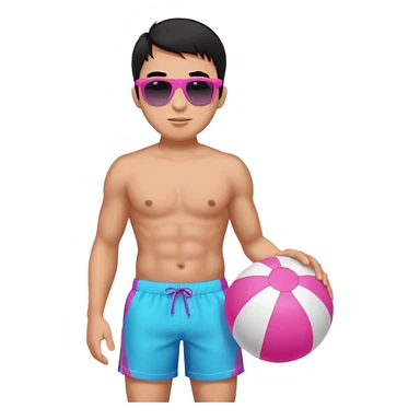 Hawaiian male with black hair with pink highlights and a swim short, with beach ball with sunglasses sticker