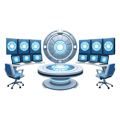 A futuristic workspace powered by an arc reactor, glowing blue and white, with holographic screens displaying creative content. Dynamic, high-tech, and inspired by Iron Man. sticker