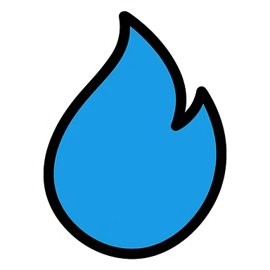 blue abstract flame shape, bold black outline, geometric style sticker