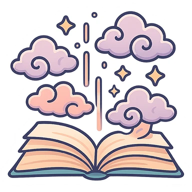 open book with magic flying out — clouds, glowing lines, stars, Chinese eastern style, thin clean outlines, soft rounded shapes, pastel palette #98B5BC, #B5B3C1, #C9A3C9, #E4C0CA, #F7DCD1, #F7C0AA, detailed shadows and highlights, soft lighting, transparent background, no decorative elements sticker