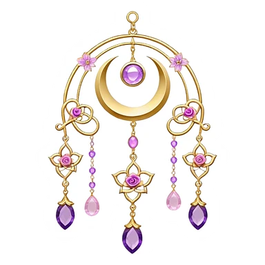 Epic beautiful gorgeous cute gold suncatcher, threads with shiny sparkly amethyst and rose-quartz gemstones, flowers, crescents-moons sticker