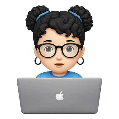 A baby DEVELOPER WITH A laptop, black curly hair and topknot, wearing glasses sticker