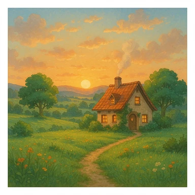 dream life as a peaceful landscape with a cozy house, sunrise, and nature, in ghibli style sticker