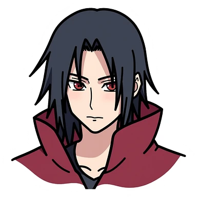 Itachi Uchiha with long black hair, Sharingan eyes, facial lines under his eyes, wearing Akatsuki cloak sticker