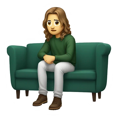a web developer with long hair and a dark green sweatshirt sitting in a pose where the hand is on the knee forward and the second leg is under the booty , light-colored sofa , brown hair sticker
