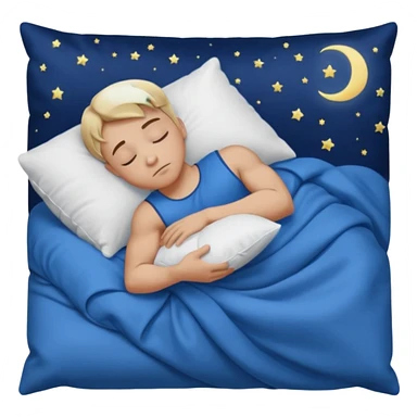 “A young muscular male with short dark-blonde hair and medium-light skin, wearing blue cloth. He sleeps on his side, holding a soft white pillow, his head on a smooth blue pillow. A sleeping symbol floats above him in the dark, nighttime scene. A flowing blue blanket with silky folds covers him. sticker