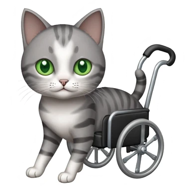 full body small short hair dark grey and white cat with green eyes walking in a wheelchair for cats sticker