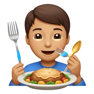 person emoji savoring a meal, eyes closed in delight, holding a fork sticker