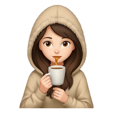 a brunette girl sitting cozily in a beige fur hoodie sipping coffee sticker