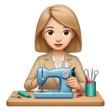 Mujer con cabello a la altura de hombros, cabello color chocolate claro, con herramientas de costura sticker