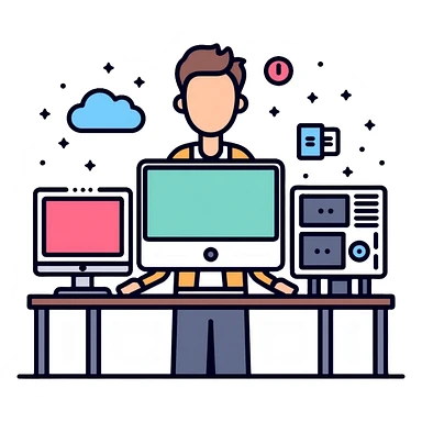 Senior IT Specialist with advanced workstation, multiple monitors, server, cloud icons, leadership symbols sticker