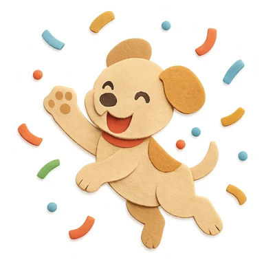 highly detailed, high quality paper craft style illustration of a puppy jumping through confetti with a paw up in celebration, intricate textures, soft lighting, delicate cut-paper details sticker