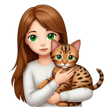 a girl with green eyes and long straight brown hair holds a bengal kitten in her arms sticker