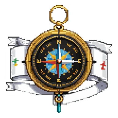 iOS compass device with gold frame and directional markers hanging from a white ribbon sticker