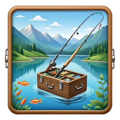 Icon for Fishing Travel: a fishing rod, tackle box and a boat on a calm lake surrounded by mountains and lush greenery, with fish jumping out of the water. The icon should capture the peaceful and adventurous nature of fishing trips. Transparent background. sticker