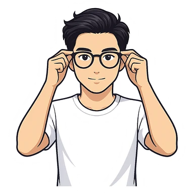 Change to a different, stylish hairstyle for a young and handsome Asian man with black coffee colored hair, wearing a white T-shirt, black framed glasses, holding glasses, very smart. Keep the cartoonish sticker style look but use the general editor as sticker style does not support editing. Remove background. sticker