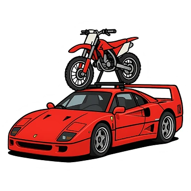 A cartoonish Ferrari F40 with a 125cc dirt bike on a visible roof rack, dirt bike to proper scale, transparent background sticker