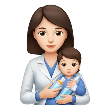 Brunette Mother holding a baby bottle with milk and a vaccine syringe sticker