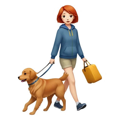 A girl with super short red hair walking a golden retriever sticker