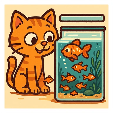 A red-haired cat and a goldfish aquarium in pixel art style, more cartoonish sticker