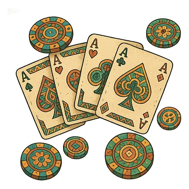 casino chips and playing cards with Mexican patterns, detailed, colorful sticker