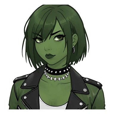 A asian girl with Black eyes and black straight hair with a bob with a black spiked chocker with white tank top with a leather jacket on sticker