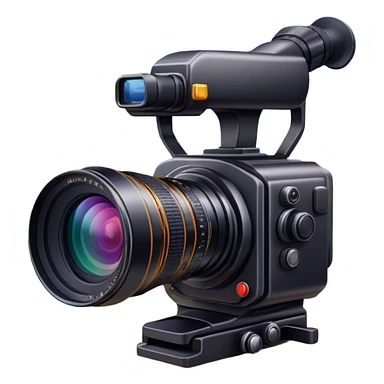Professional camera with large lens, focused on landscape, vivid colors, camera details, minimalistic, on a white background, no extra elements. sticker