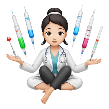 emoji of an asian woman with a single bun in a white lab coat sitting cross legged with micropipettes levitating in an arc around her head sticker
