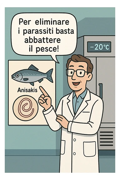  a scientist in a white lab coat stands beside a large poster showing a fish and a diagram of the Anisakis parasite. The scientist points to a speech bubble that says, “Per eliminare i parassiti basta abbattere il pesce!” In the background, a blast freezer is visible, with a temperature gauge set to -20°C. The mood is informative and reassuring. In italiano sticker