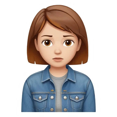 a woman with a brown short hair, looking at the left, worried, wearing a denim jacket, only upper body, high quality sticker