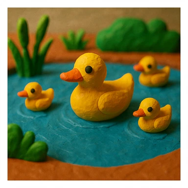 duck family swimming in a pond, vibrant colors, soft lighting, textured look, claymation style sticker