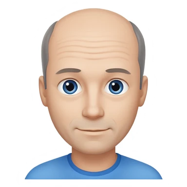 Middle aged man with black-greyish receding hairline, some hair on top, small blue eyes, clear face, shy smile sticker