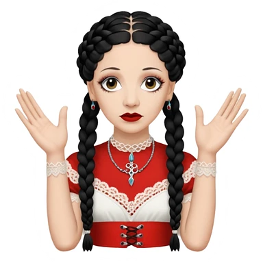 Lene Lovich as seen on the Stateless album cover with a typical symmetrical pose with her hands, lots of lace and braided hair sticker