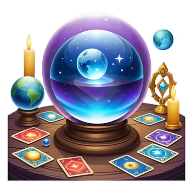 a mystical icon featuring a crystal ball (fortune-telling sphere) on a table with tarot cards scattered around. Surround the scene with planets, stars, and zodiac signs. The design is vibrant, magical, and evoke a sense of mystery and spirituality, with glowing effects and a cosmic atmosphere. sticker