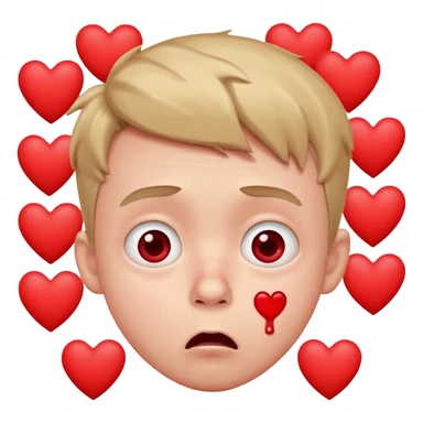 shocked cartoon boy, wide eyes, red nosebleed, blushing cheeks, surrounded by hearts sticker
