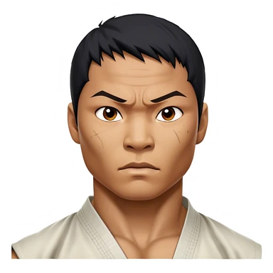​Cinematic Realistic Portrait of Tony Jaa, a close-up depiction capturing his intense, determined expression and finely detailed features, rendered with dramatic natural lighting that emphasizes his rugged athleticism and unmistakable martial arts presence, sticker