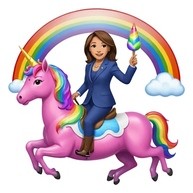 Kamala Harris and donald trump riding a rainbow unicorn sticker