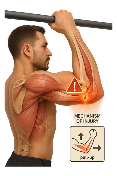 3D, vertical anatomical visualization: close-up of a man’s elbow during a pull-up, with the internal anatomy visible. A clear rupture or lesion is shown in the tendon or ligament, colored in red and orange. Swelling and inflammation are depicted around the joint. A warning icon and a small infographic explain the mechanism of injury. sticker