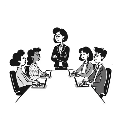 Executive employer at head of meeting table with team sticker