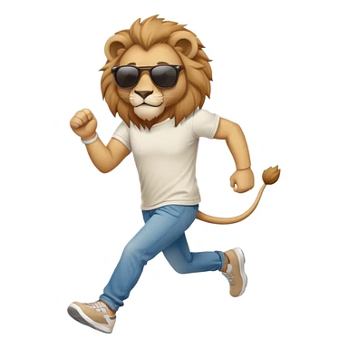 friendly anthropomorphised lion in jeans and a t-shirt, wearing dark sunglasses, jogging upright in relaxed pose sticker