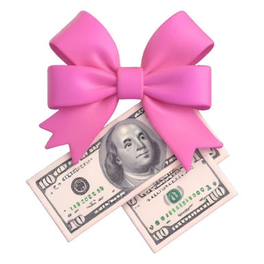 $100 bill, 3D emoji style, pink and white colors, girly, with a bow instead of a smiley face sticker