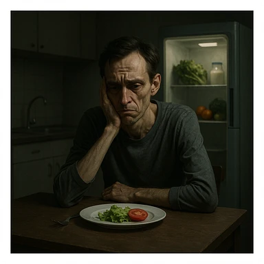 symbolic realism, cinematic lighting, muted color palette; thin, tired man alone at minimalist kitchen table, plate with lettuce and tomato, frustrated and weary, sunken eyes, cold empty kitchen, closed fridge with healthy foods inside, expressive face sticker