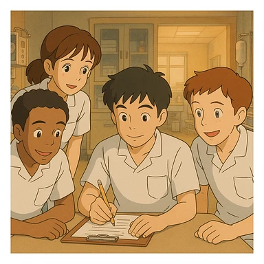 Scene of four students (features from references), working together in a medical environment, Ghibli style, white short-sleeve uniforms with V-neck, left chest pocket, no collar stand, no stethoscopes, no undershirts, friendly atmosphere. sticker
