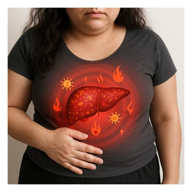 Realistic style depiction of a woman with PCOS, enlarged and inflamed liver highlighted by a red halo and symbols of inflammation. Inspired by the reference image, 4K quality. sticker