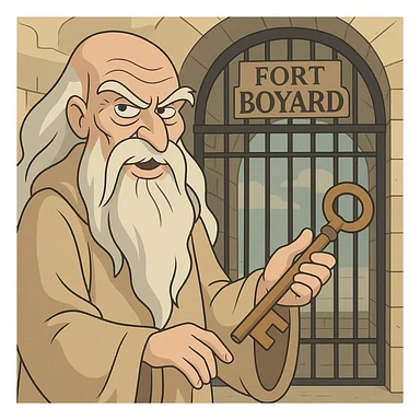 Père Fouras holding a large key in front of the Fort Boyard gate, flat toon style, whimsical, detailed beard, mysterious atmosphere sticker