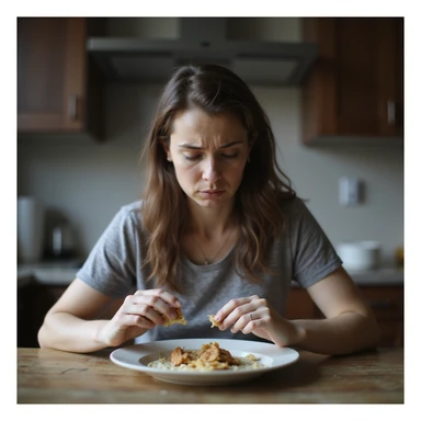 adult woman following an extremely restrictive diet, looking sad or fatigued in front of a plate with very little food, realistic or semi-realistic style, emotional atmosphere, natural details, kitchen or table environment sticker